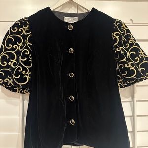Jessica Howard Black and Gold Embellished Blouse with Mandarin Collar